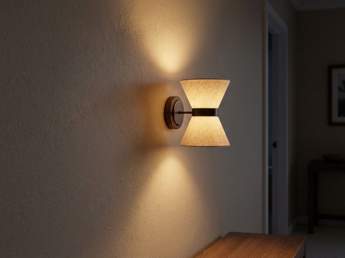 Aplique de pared de doble cono que ilumina una pared enlucida