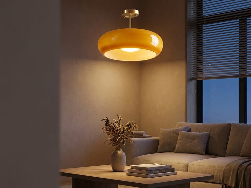 Lámpara de techo de vidrio ámbar en una sala de estar