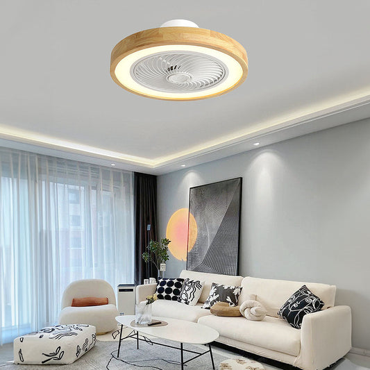Ventilador de techo moderno redondo de madera con luz LED