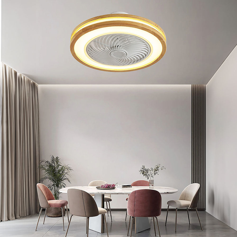 Ventilador de techo moderno redondo de madera con luz LED