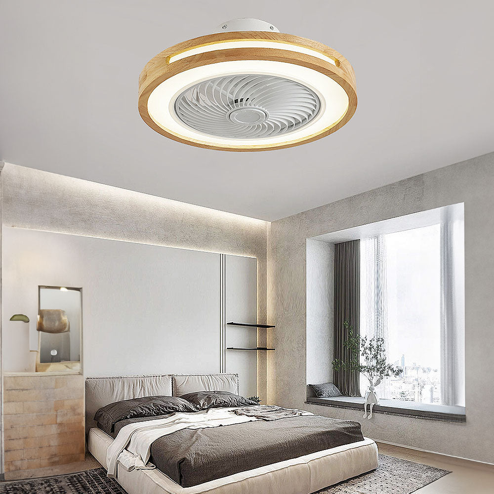 Ventilador de techo moderno redondo de madera con luz LED