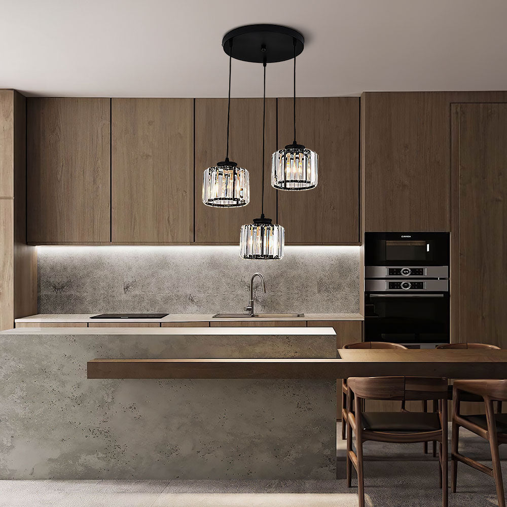 Lámpara colgante de isla con múltiples luces y cristales