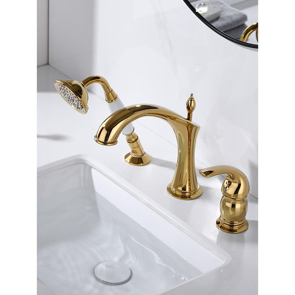 Set de grifo mezclador de lavabo y ducha de mano 2 en 1 Marvistelle Art Déco en oro pulido