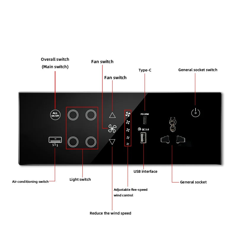 Enchufe con interruptor inteligente de vidrio y ABS minimalista Nexora