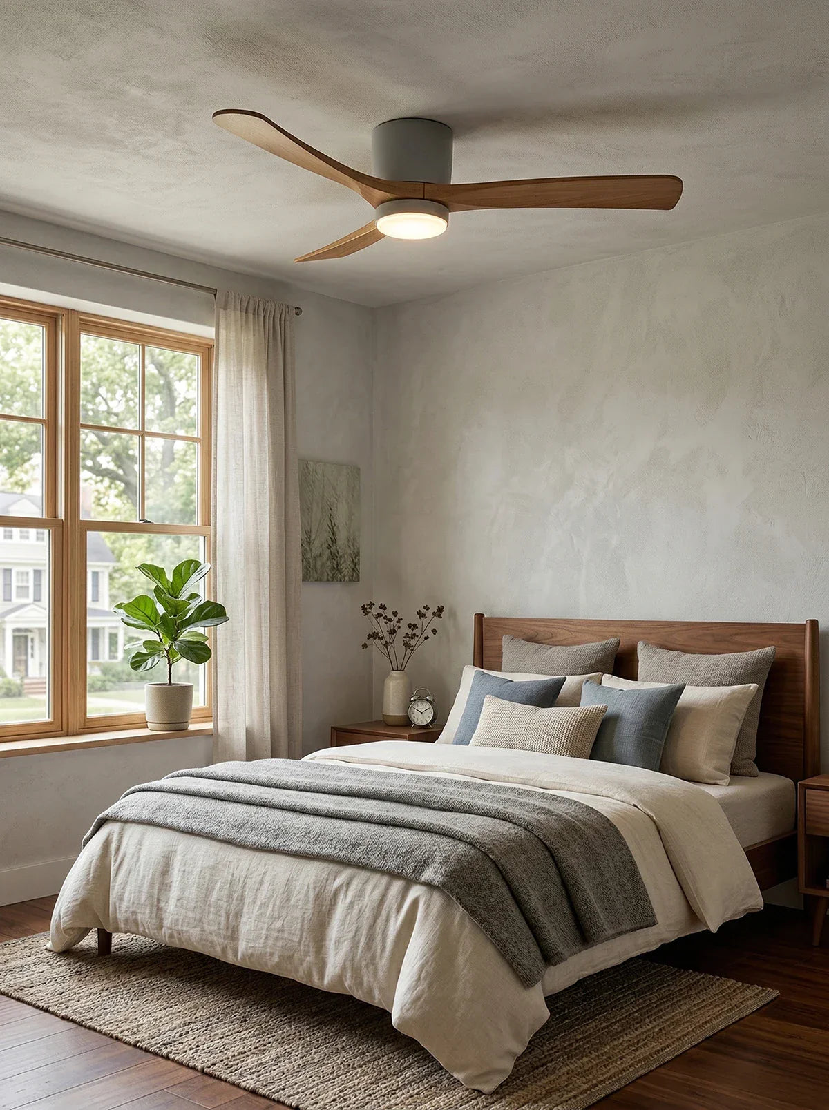 Ventilador de techo moderno con luz y hélice de madera