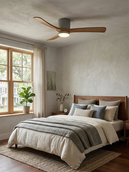 Ventilador de techo moderno con luz y hélice de madera