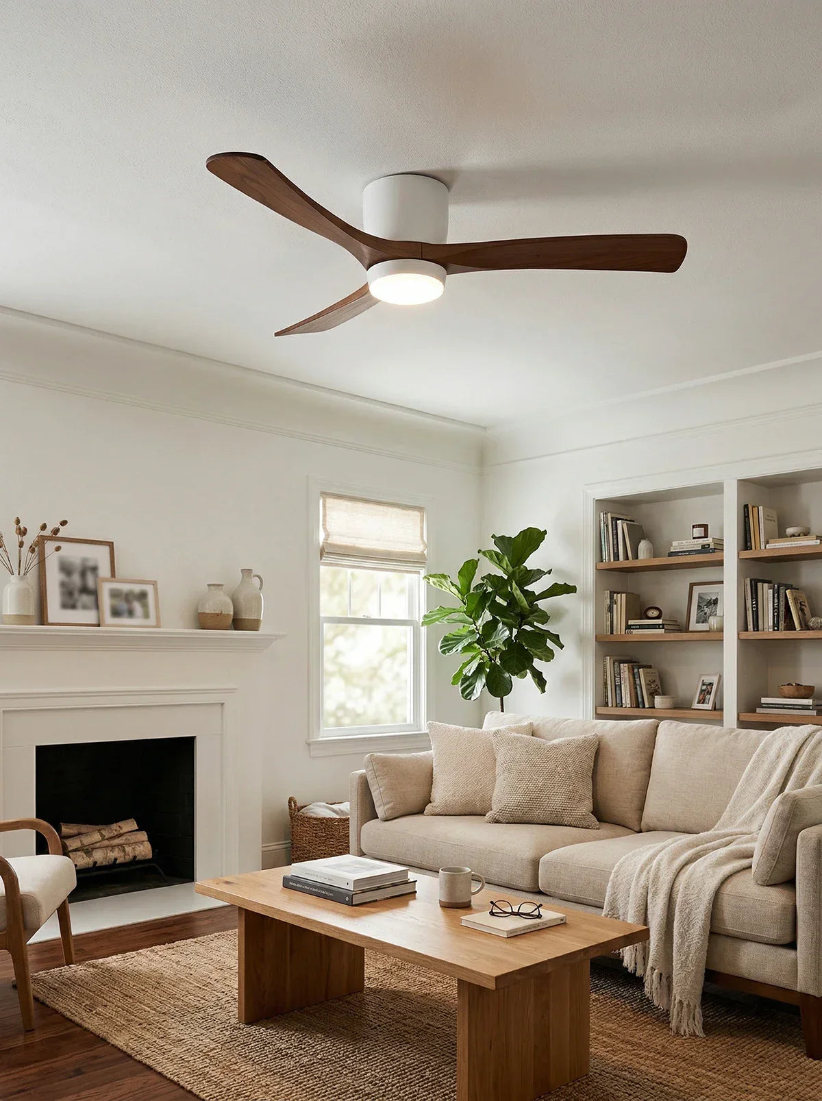Ventilador de techo moderno con luz y hélice de madera