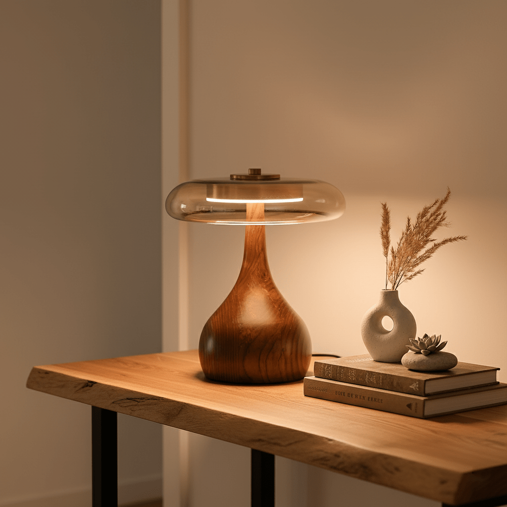Lámpara de mesa de nogal Quilven Mid-Century