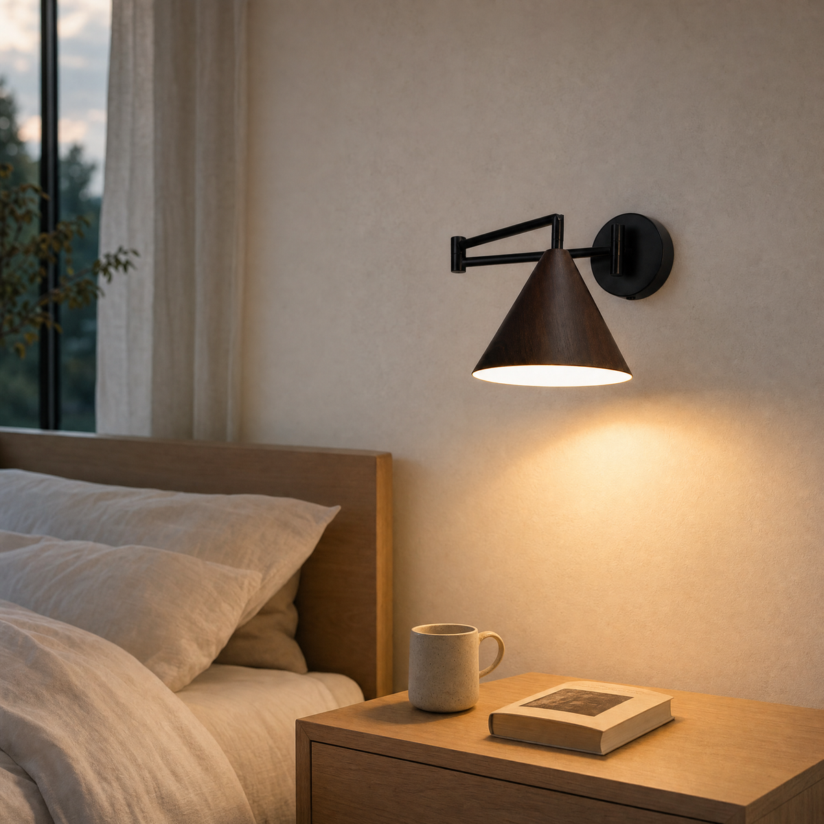 Lámpara de pared Linnoro con brazo articulado y acabado efecto madera escandinavo