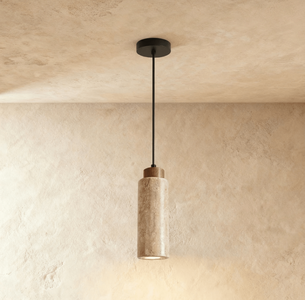 Lámpara colgante delgada de madera y travertino
