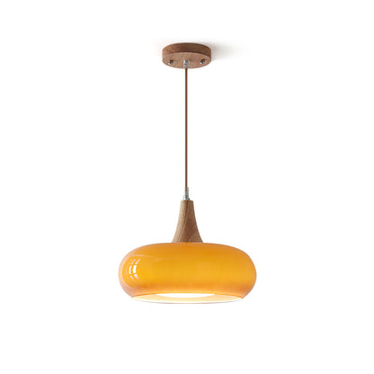 Lámpara colgante de vidrio, madera y guijarros