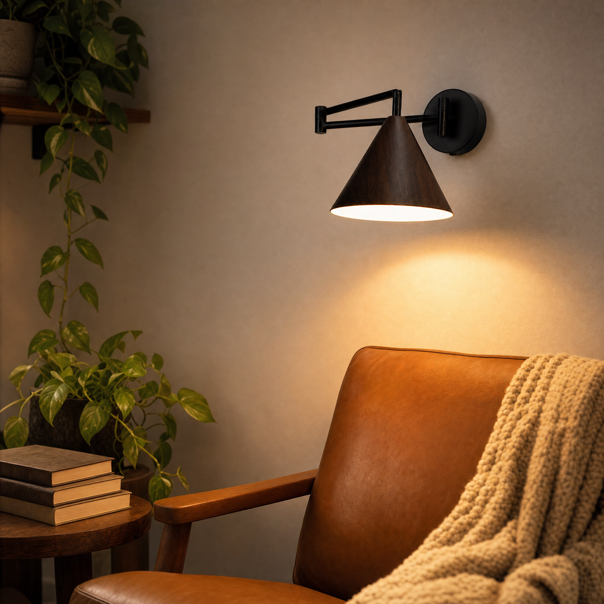 Lámpara de pared Linnoro con brazo articulado y acabado efecto madera escandinavo
