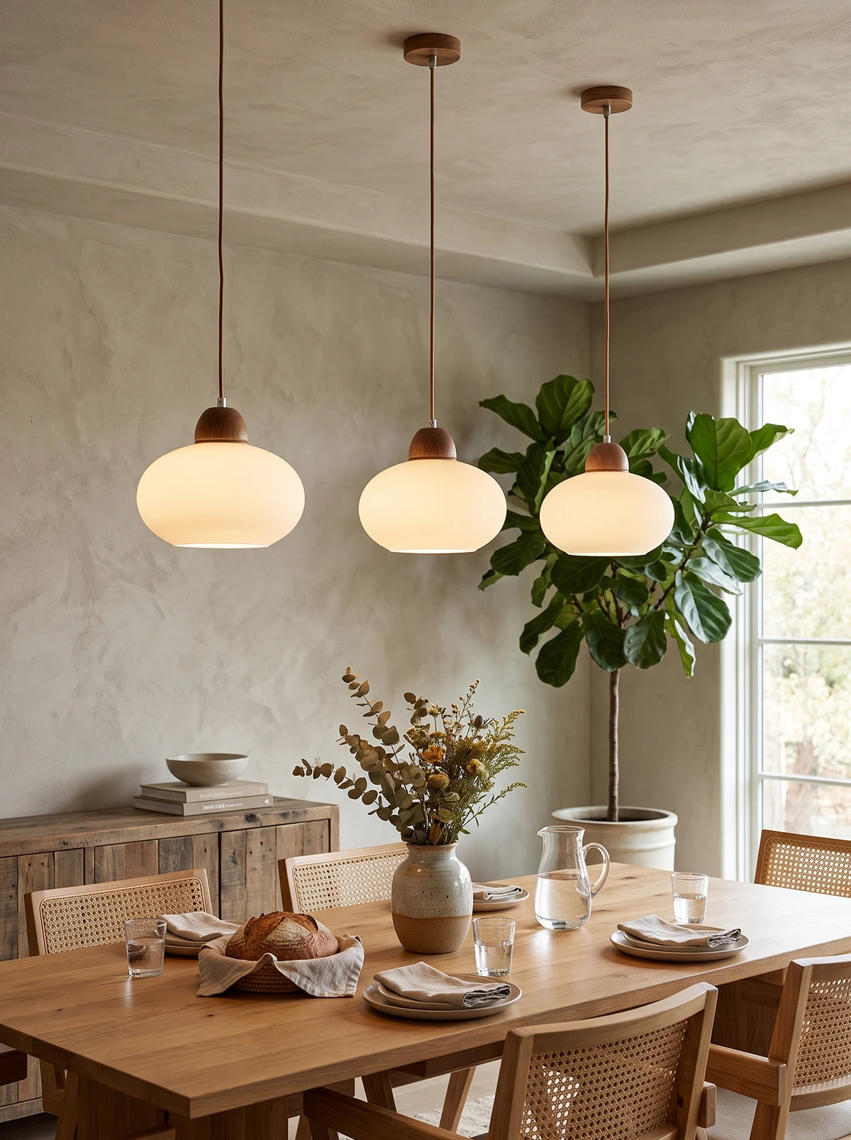 Lámpara colgante de vidrio opalino y madera