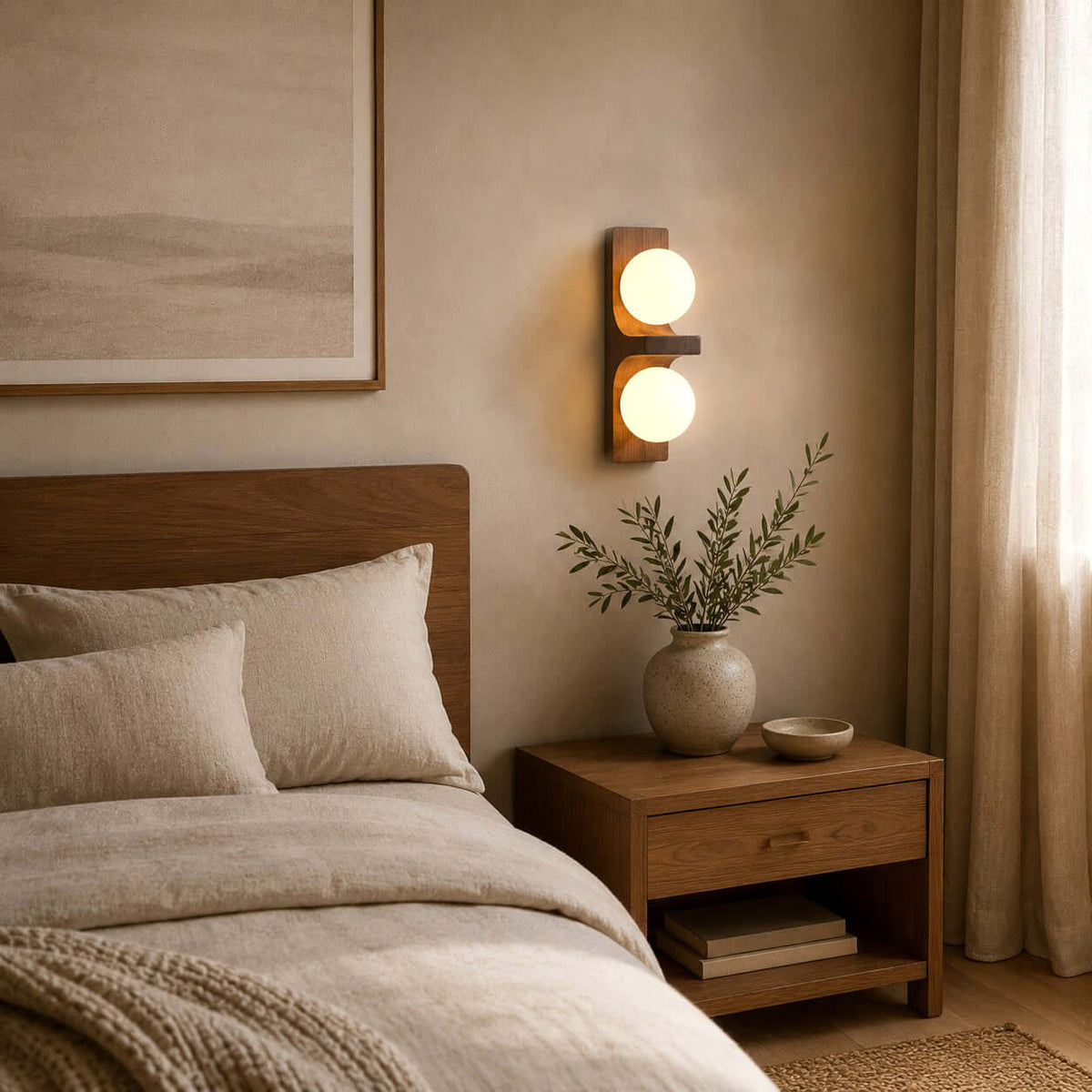 Lámpara de pared de madera con dos globos