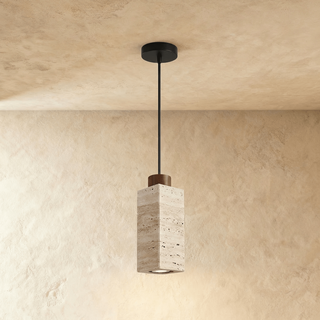 Lámpara colgante delgada de madera y travertino