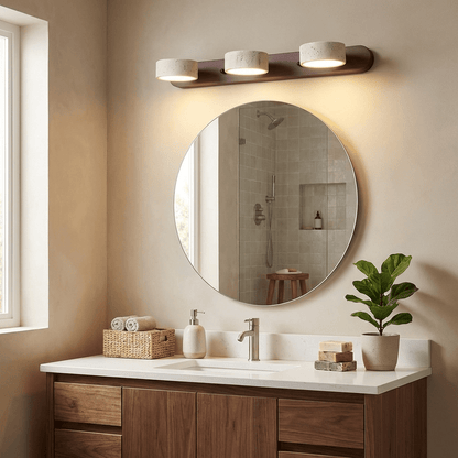 Lámpara de pared para tocador de madera y travertino