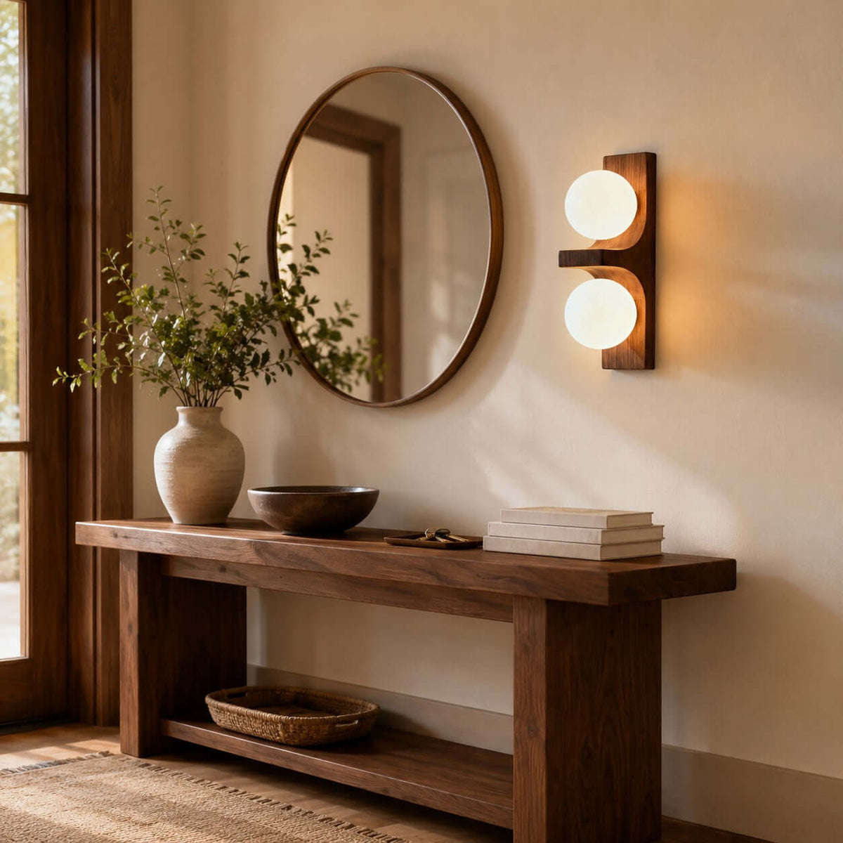 Lámpara de pared de madera con dos globos