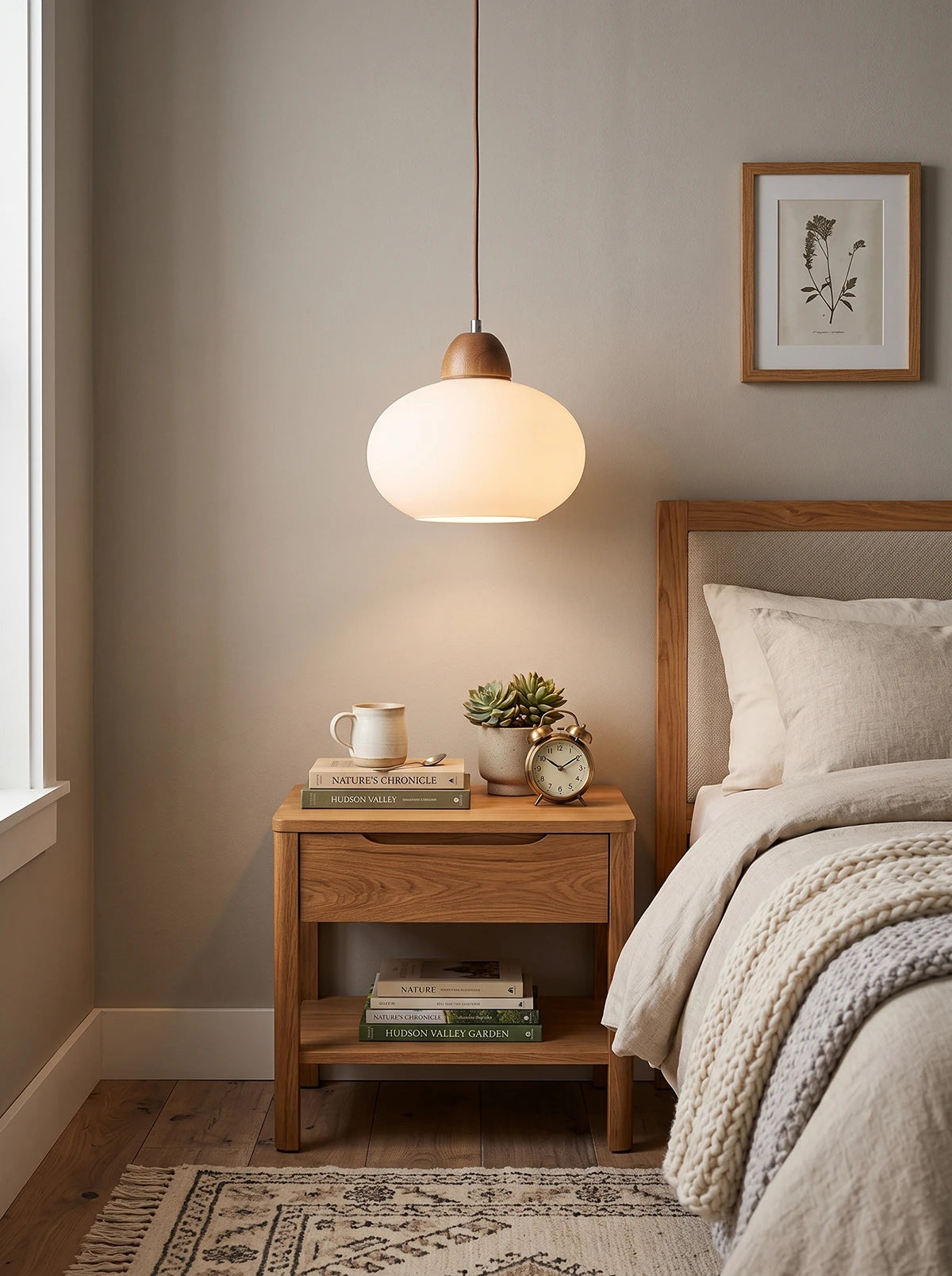 Lámpara colgante de vidrio opalino y madera