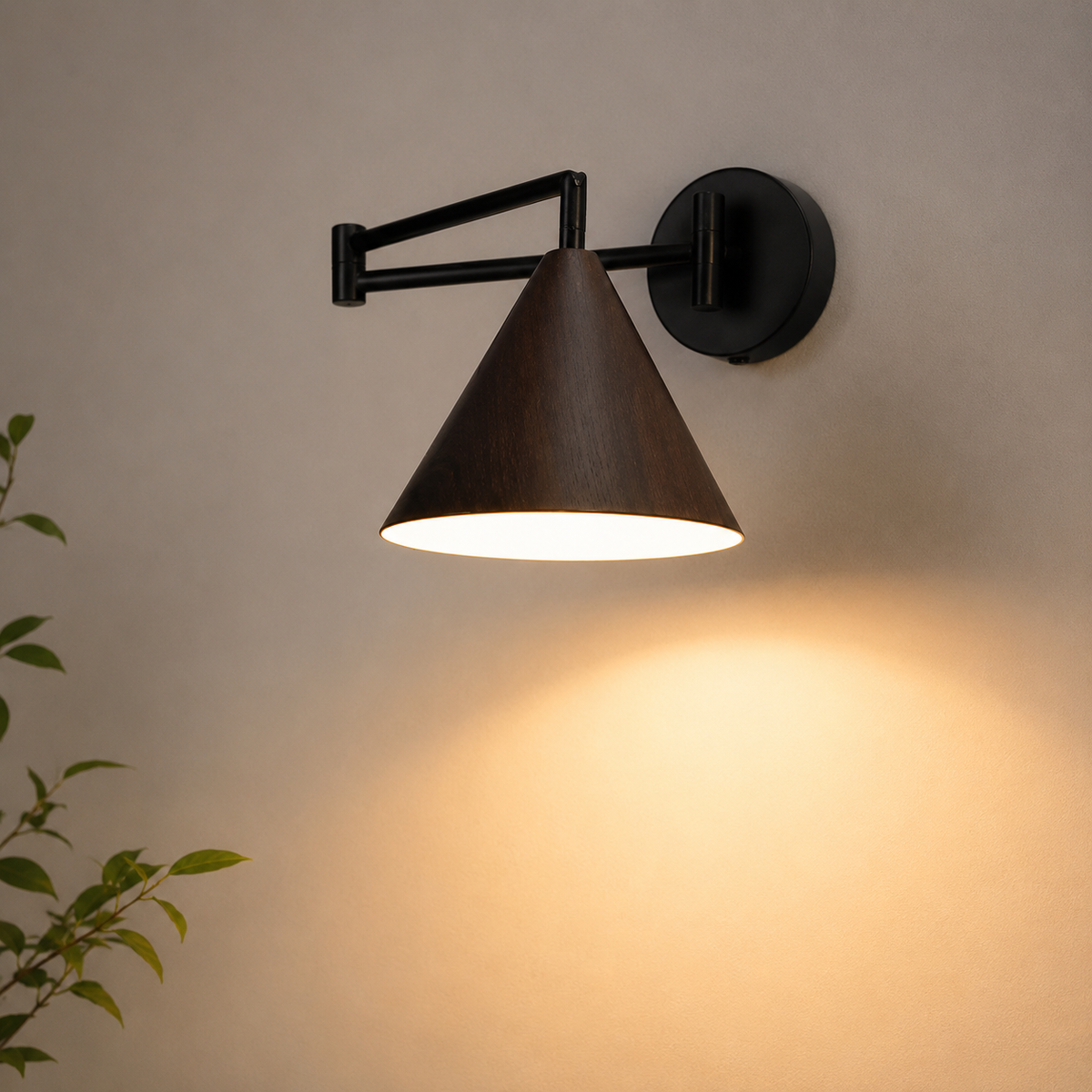 Lámpara de pared Linnoro con brazo articulado y acabado efecto madera escandinavo