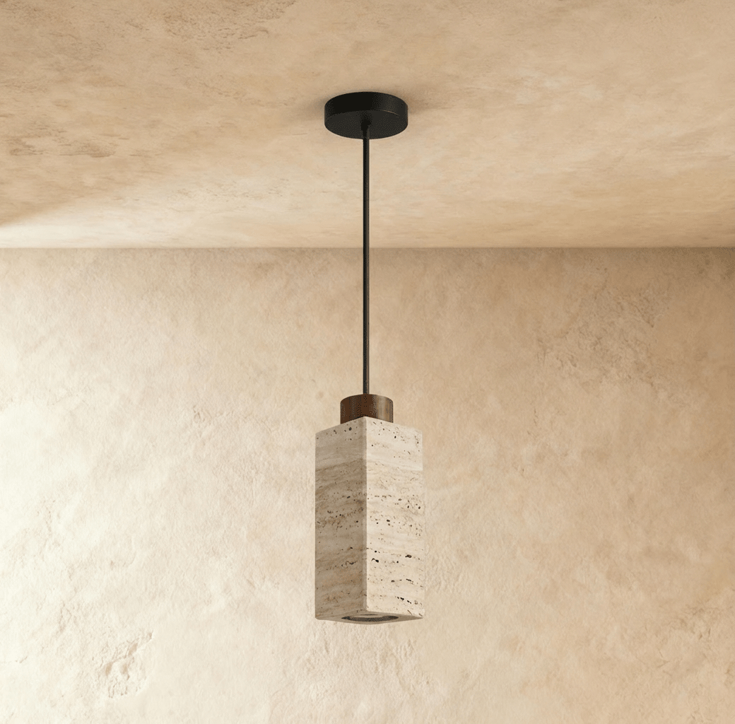 Lámpara colgante delgada de madera y travertino