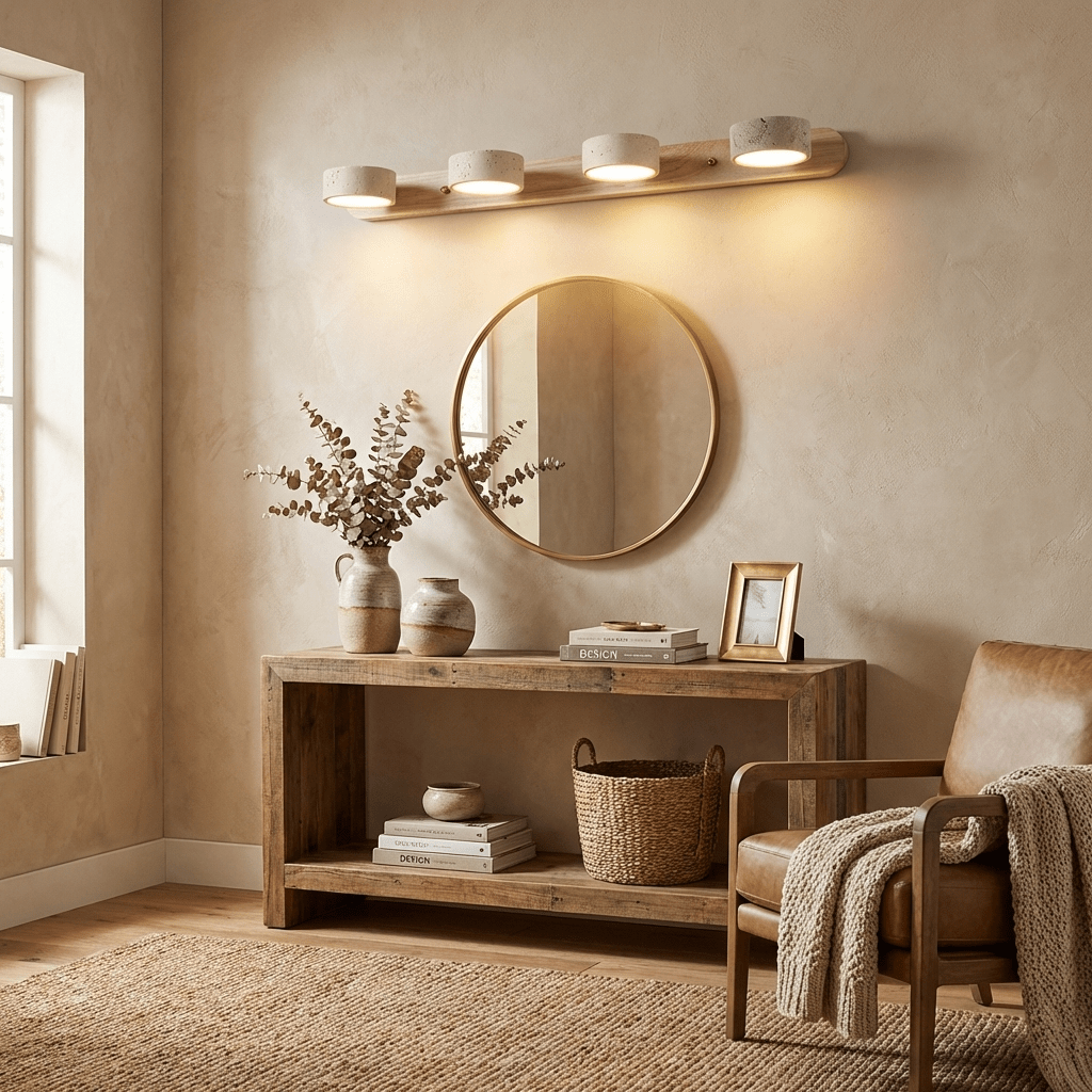 Lámpara de pared para tocador de madera y travertino