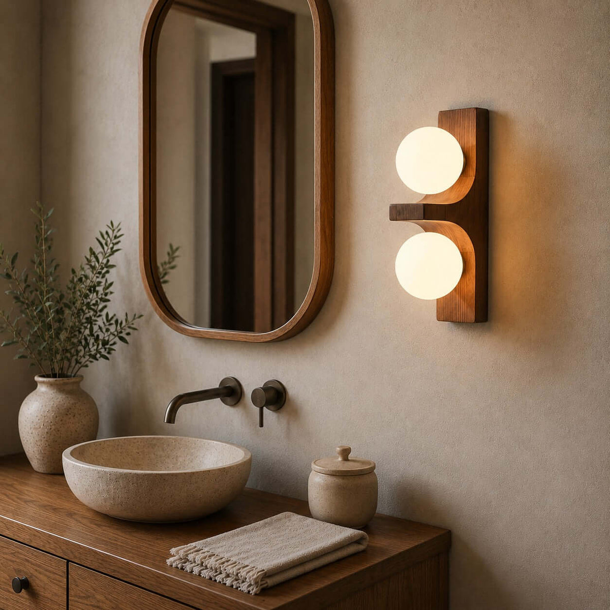 Lámpara de pared de madera con dos globos