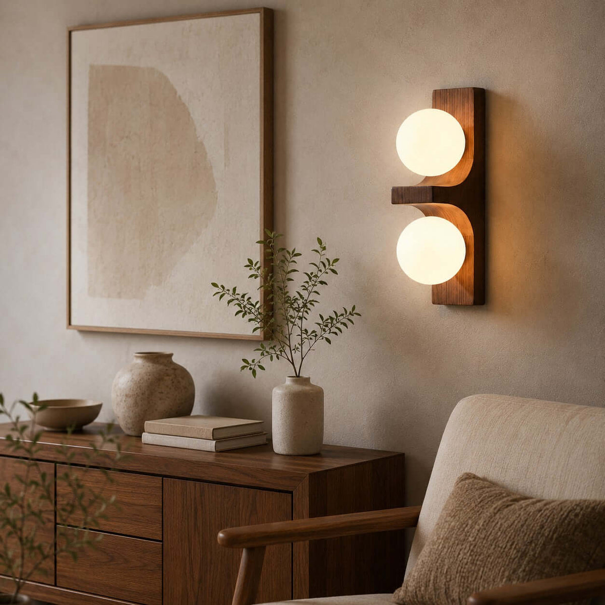 Lámpara de pared de madera con dos globos