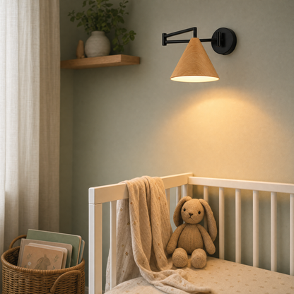Lámpara de pared Linnoro con brazo articulado y acabado efecto madera escandinavo
