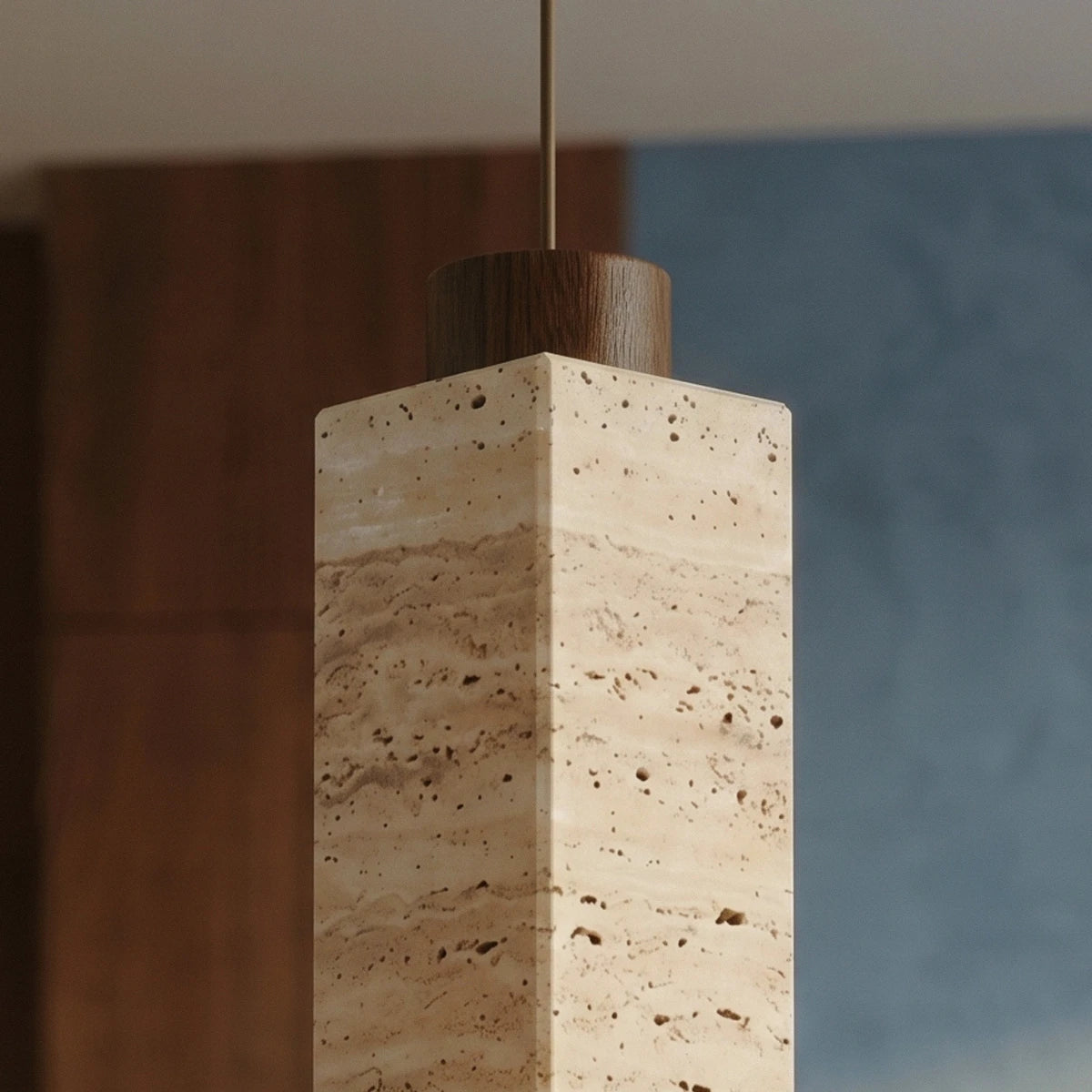 Lámpara colgante delgada de madera y travertino