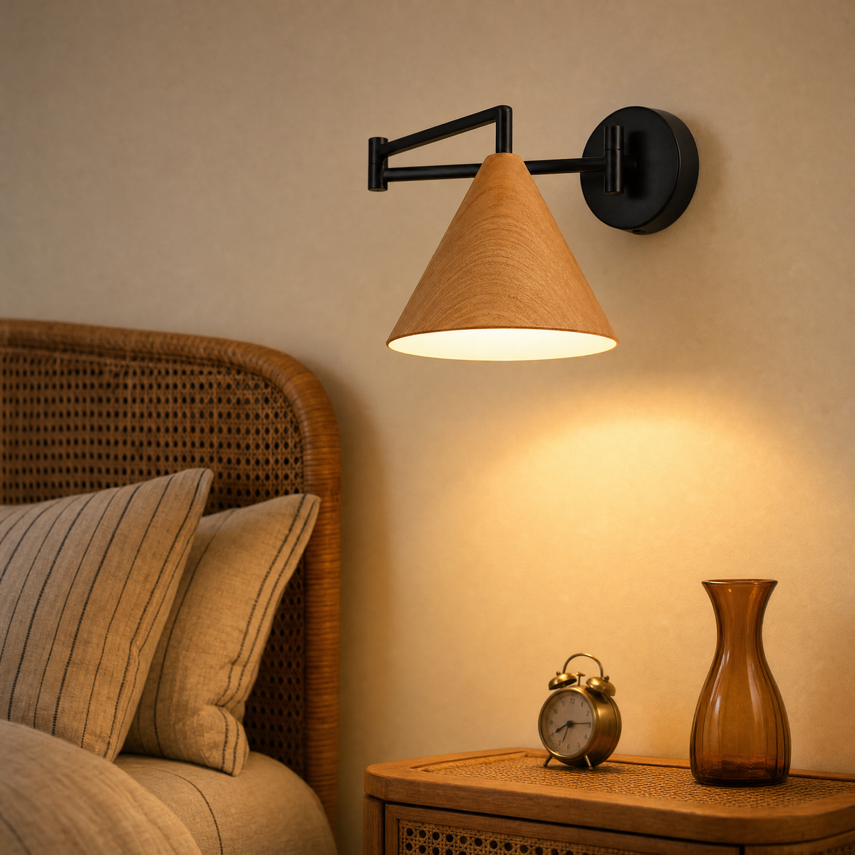 Lámpara de pared Linnoro con brazo articulado y acabado efecto madera escandinavo