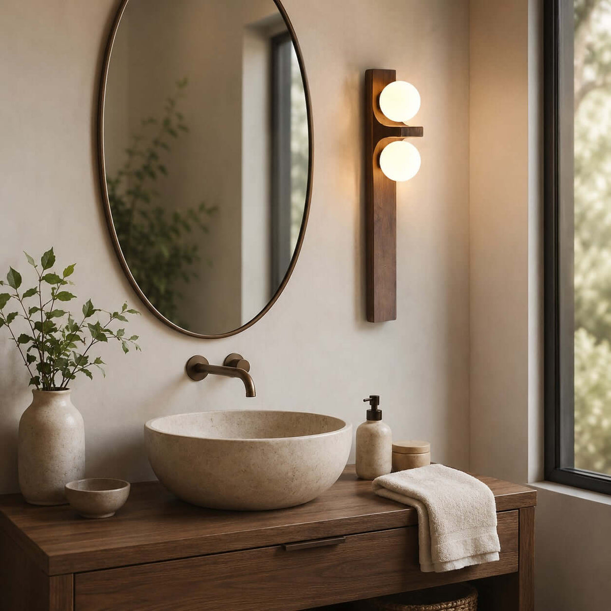 Lámpara de pared de madera con dos globos