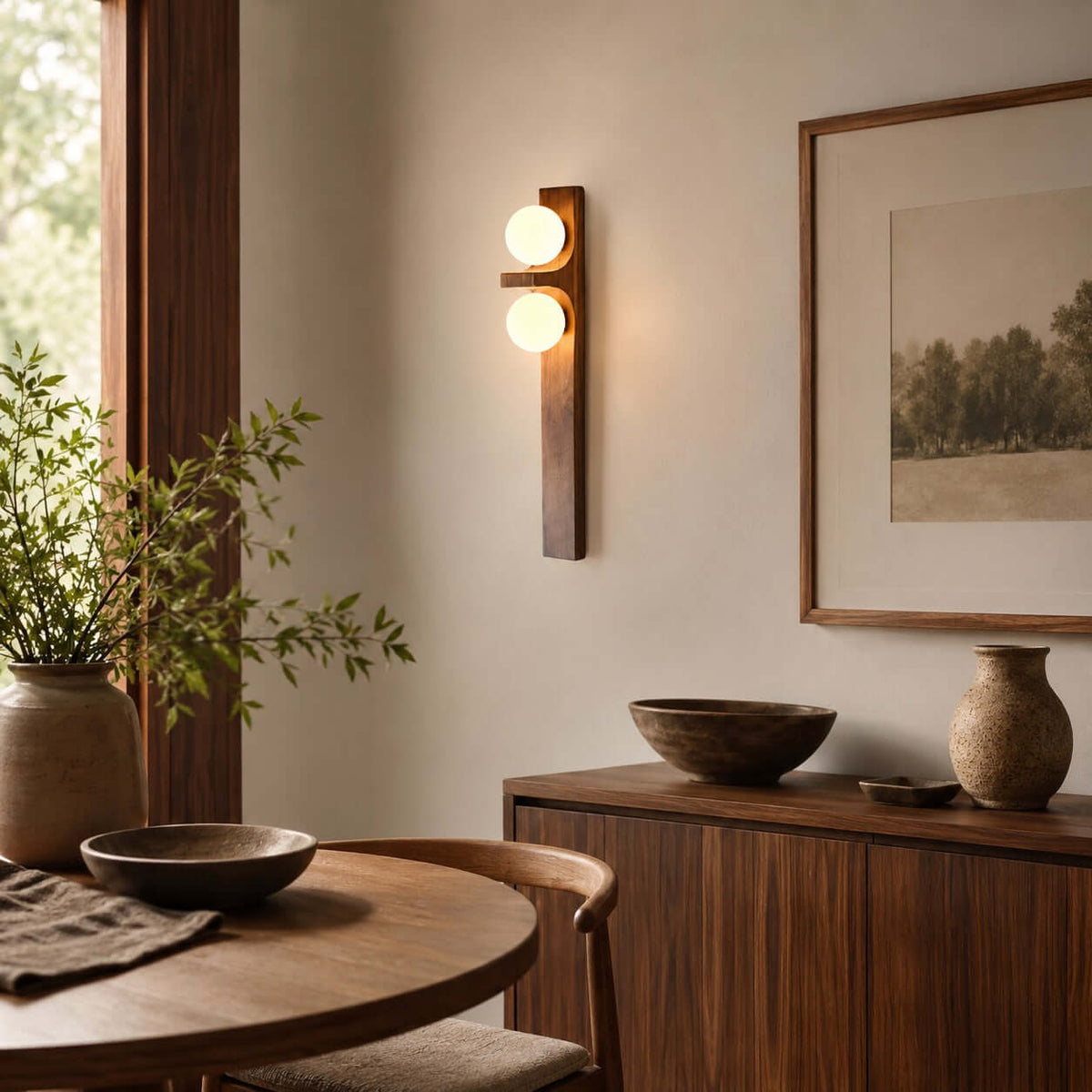 Lámpara de pared de madera con dos globos