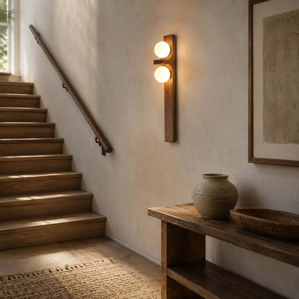 Lámpara de pared de madera con dos globos