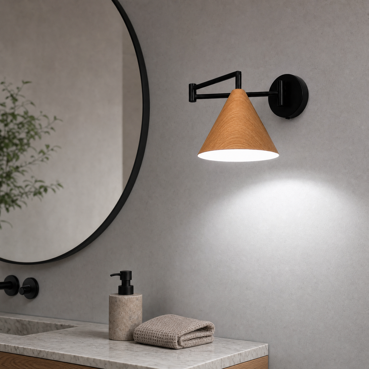Lámpara de pared Linnoro con brazo articulado y acabado efecto madera escandinavo