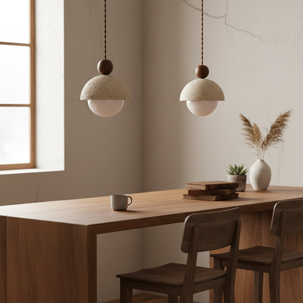Lámpara colgante de madera con cúpula de travertino