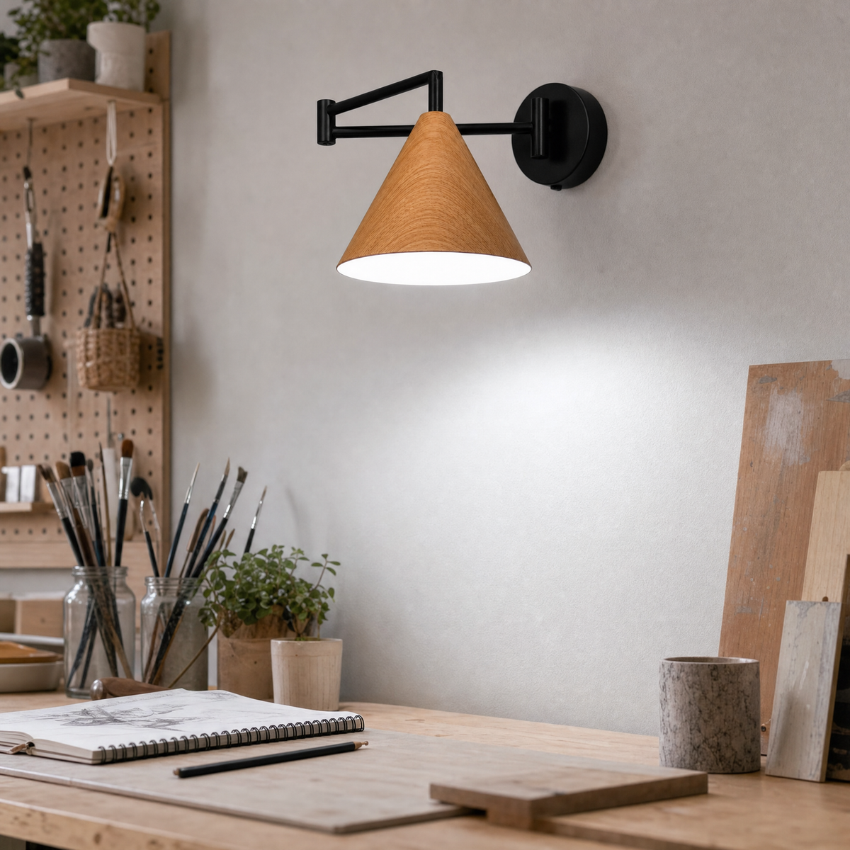 Lámpara de pared Linnoro con brazo articulado y acabado efecto madera escandinavo