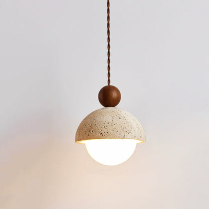 Lámpara colgante de madera con cúpula de travertino