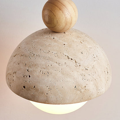 Lámpara colgante de madera con cúpula de travertino