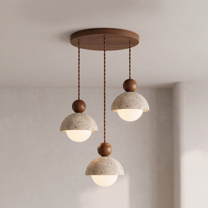 Lámpara colgante de madera con cúpula de travertino