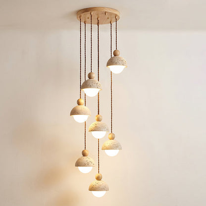 Lámpara colgante de madera con cúpula de travertino