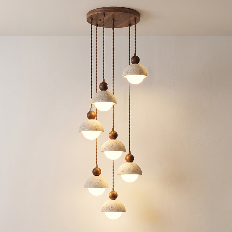 Lámpara colgante de madera con cúpula de travertino