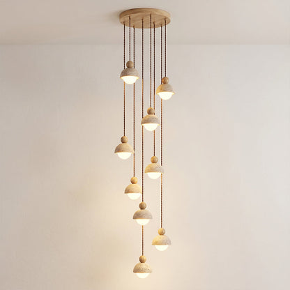 Lámpara colgante de madera con cúpula de travertino