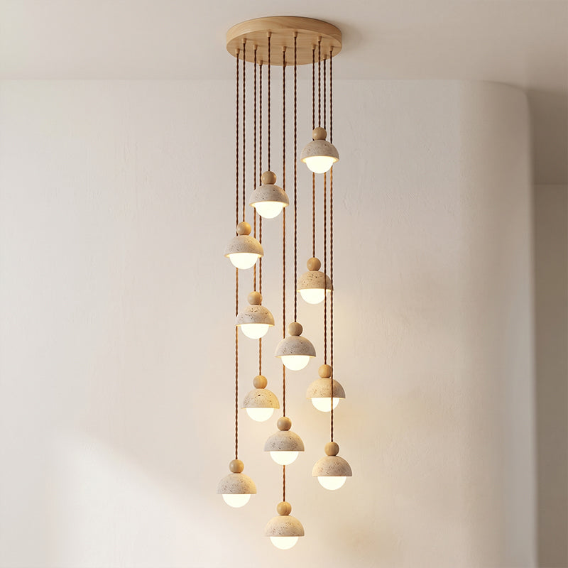 Lámpara colgante de madera con cúpula de travertino