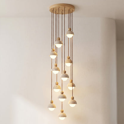 Lámpara colgante de madera con cúpula de travertino