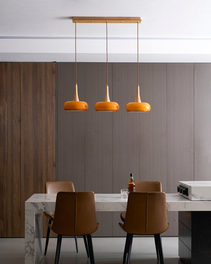 Lámpara colgante de vidrio, madera y guijarros