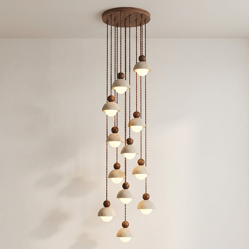 Lámpara colgante de madera con cúpula de travertino