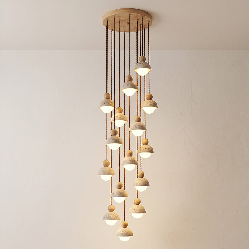 Lámpara colgante de madera con cúpula de travertino