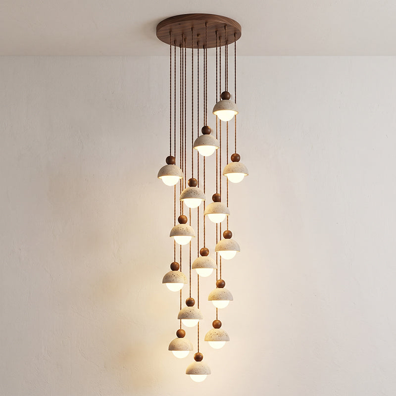 Lámpara colgante de madera con cúpula de travertino