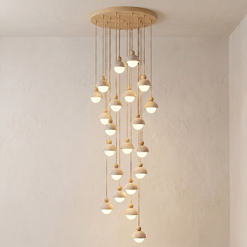 Lámpara colgante de madera con cúpula de travertino