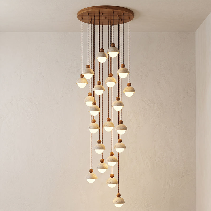 Lámpara colgante de madera con cúpula de travertino